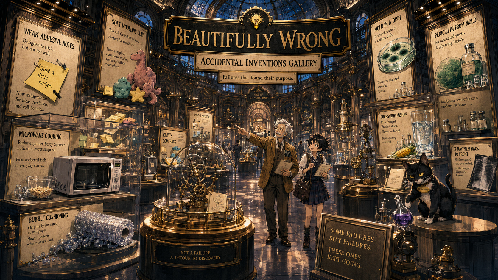 A grand Beautifully Wrong museum gallery filled with accidental inventions.