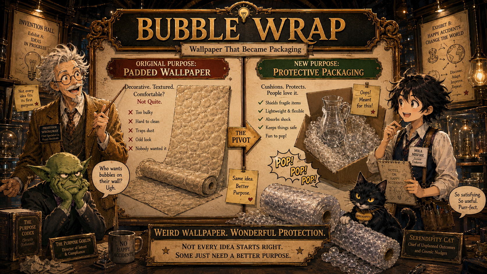 Professor Wrongway and Mika Misfire discovering that strange bubbly wallpaper could become protective packaging.