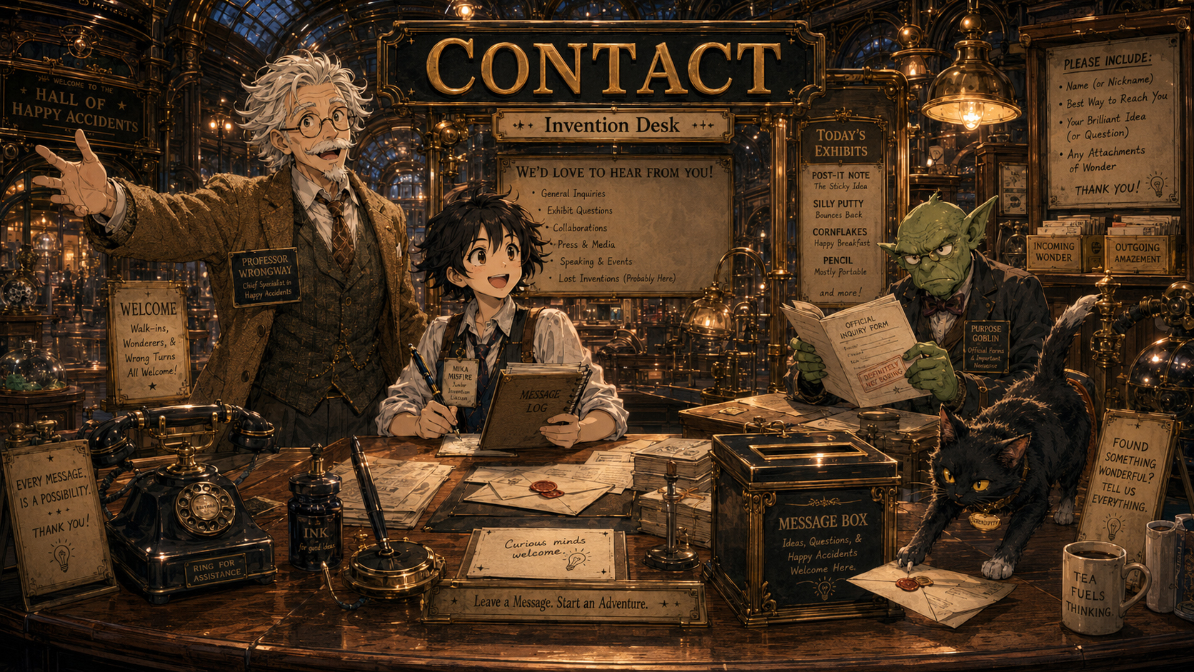 The Beautifully Wrong Invention Desk with Professor Wrongway, Mika Misfire, the Purpose Goblin, and Serendipity Cat handling messages.