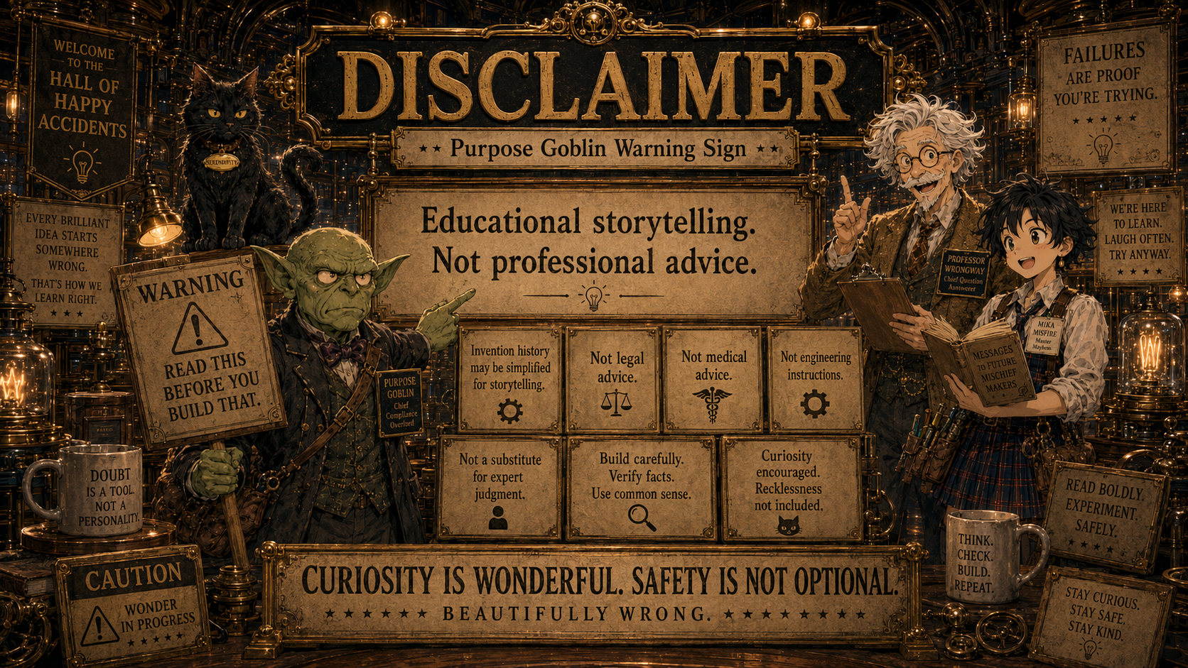 The Purpose Goblin holding a warning sign in the Beautifully Wrong museum.