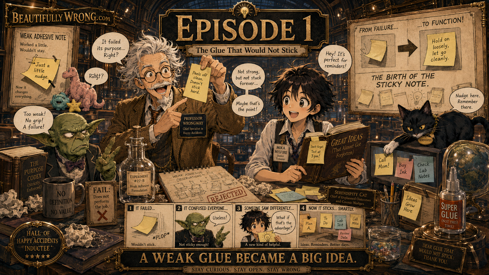 Episode 1 manga poster showing the glue that would not stick.