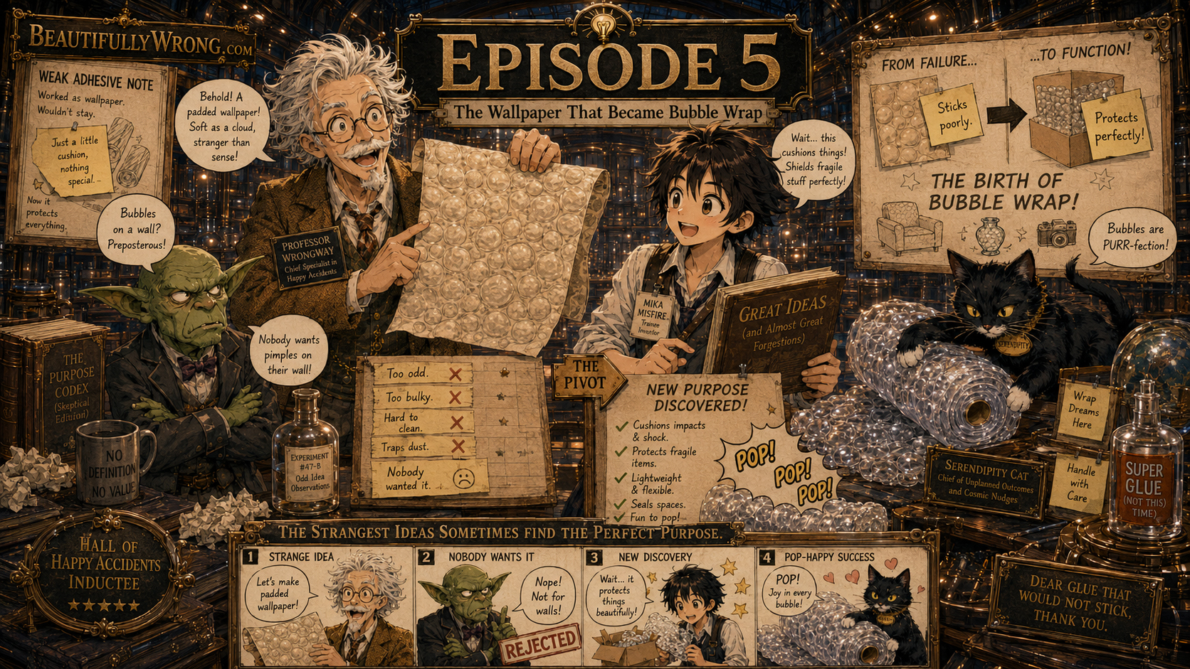Episode 5 manga poster showing wallpaper becoming bubble wrap packaging.