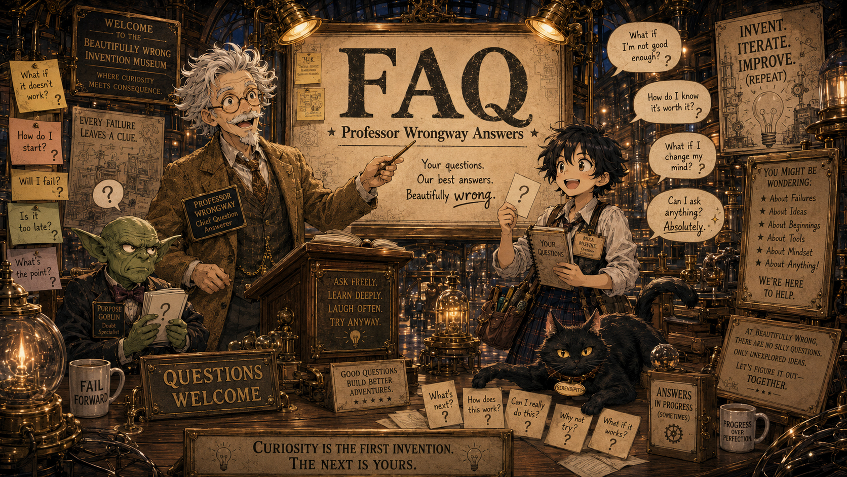 Professor Wrongway answering questions at the Beautifully Wrong FAQ desk.