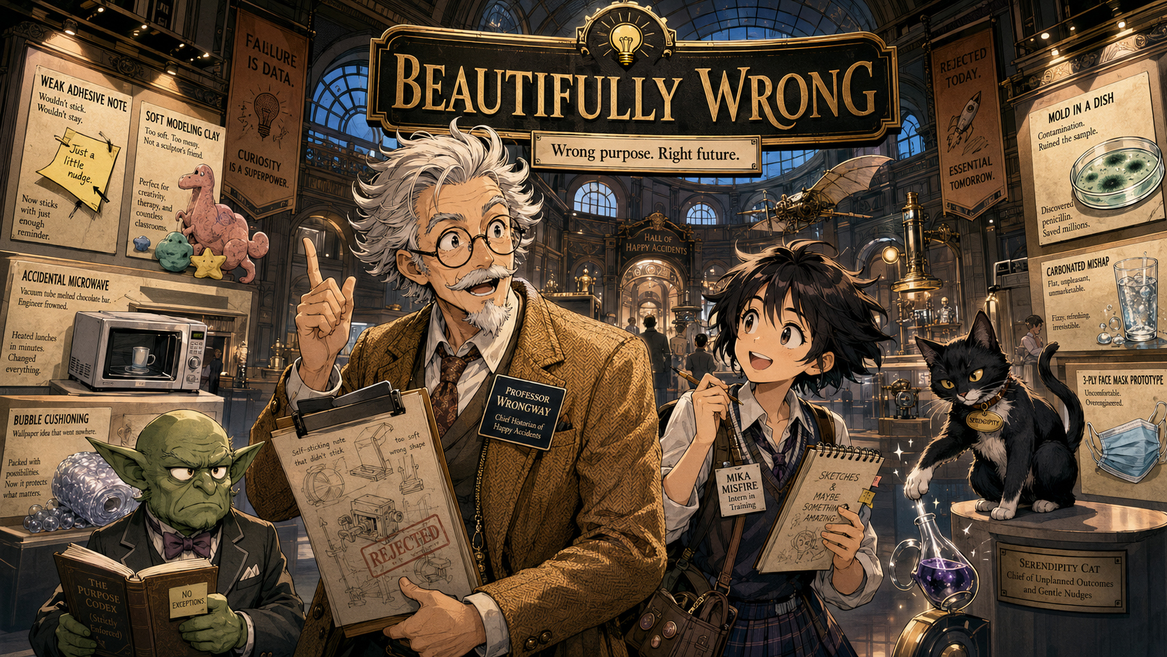 Professor Wrongway, Mika Misfire, the Purpose Goblin, and Serendipity Cat inside the Beautifully Wrong invention museum.
