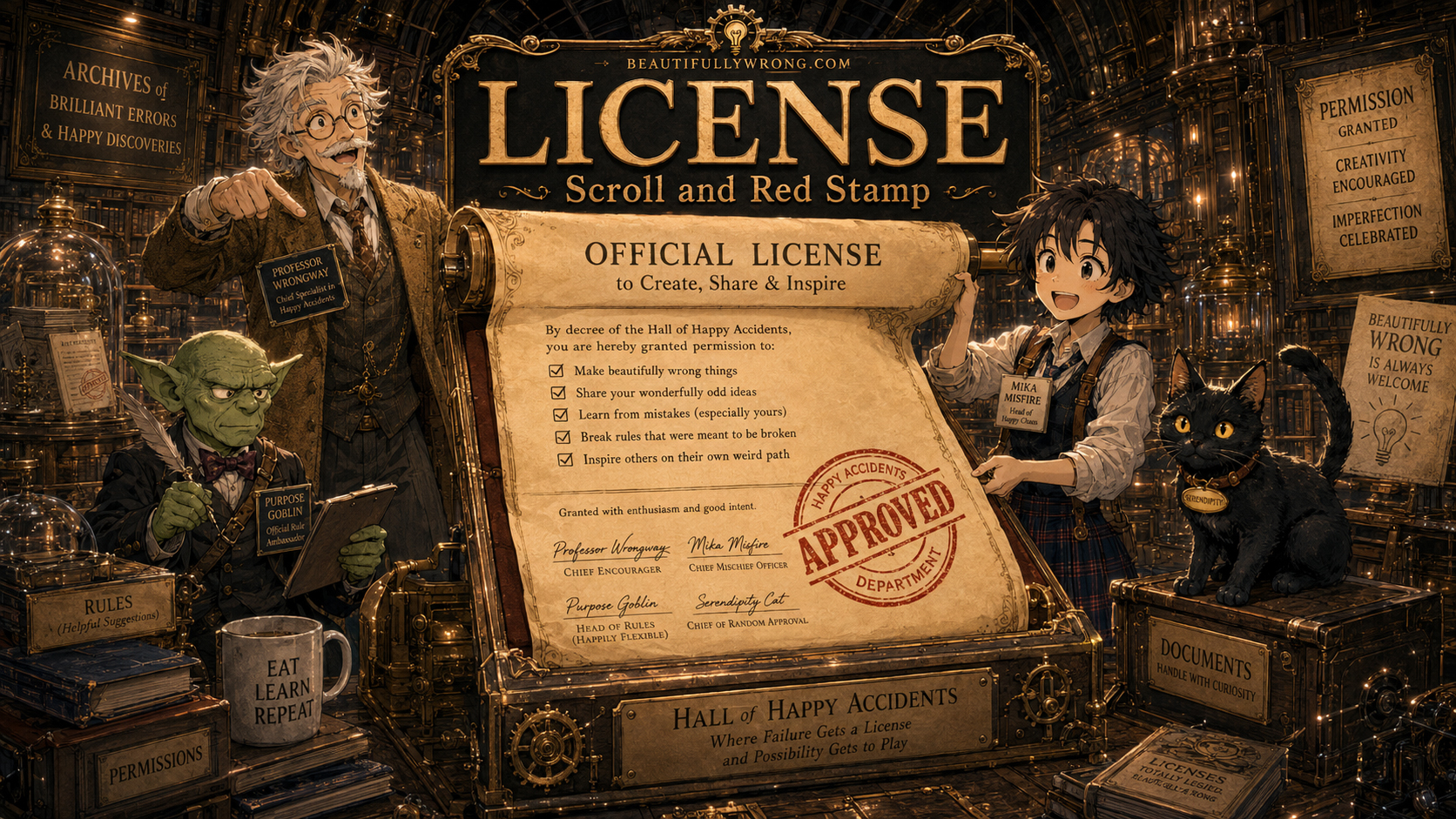 A Beautifully Wrong license scroll with a red stamp in the Hall of Happy Accidents archive.