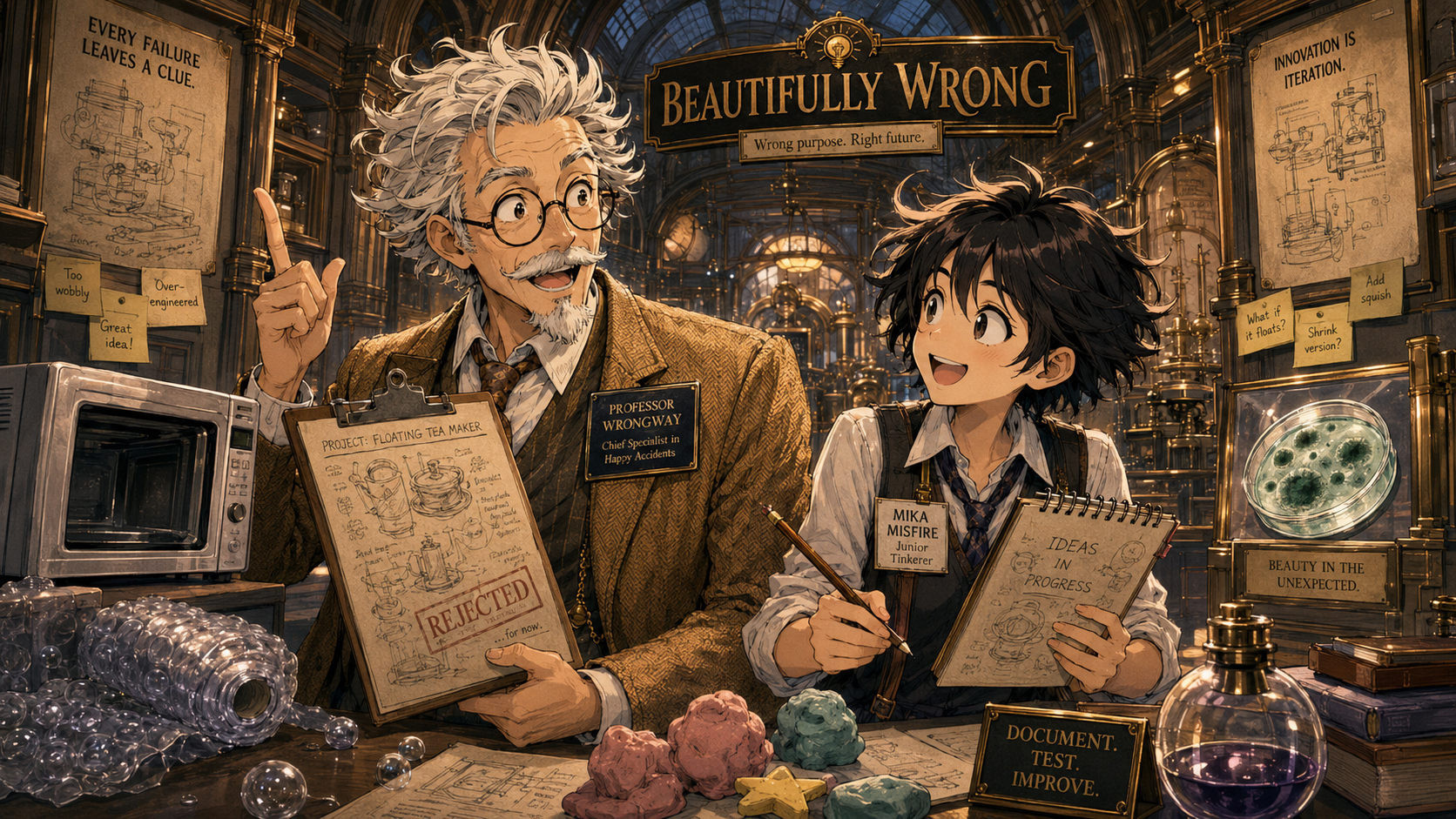 Professor Wrongway and Mika Misfire studying failed inventions.