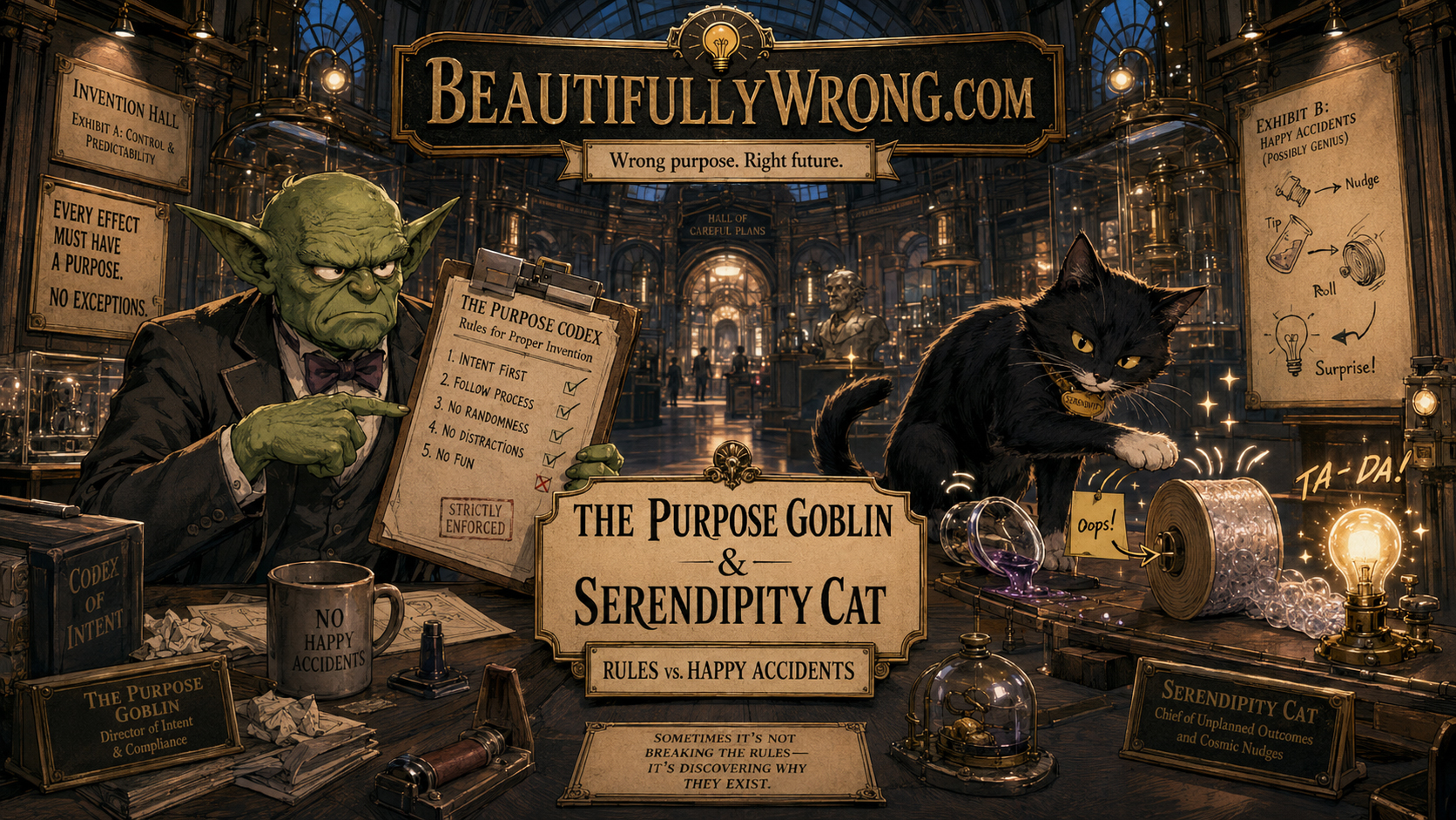 The Purpose Goblin and Serendipity Cat at the Beautifully Wrong museum.
