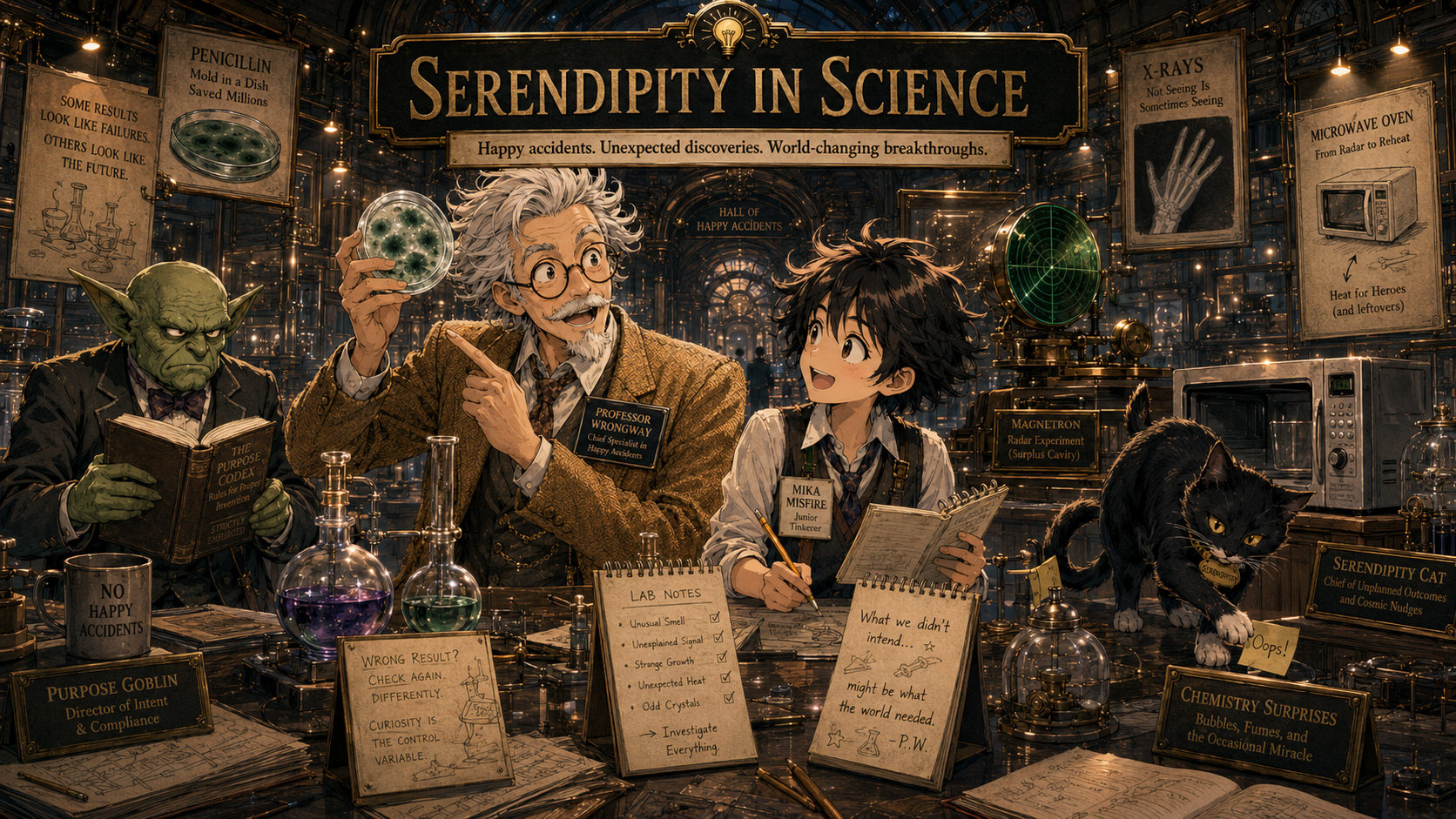 Serendipity in Science exhibit with laboratory discoveries and strange clues.