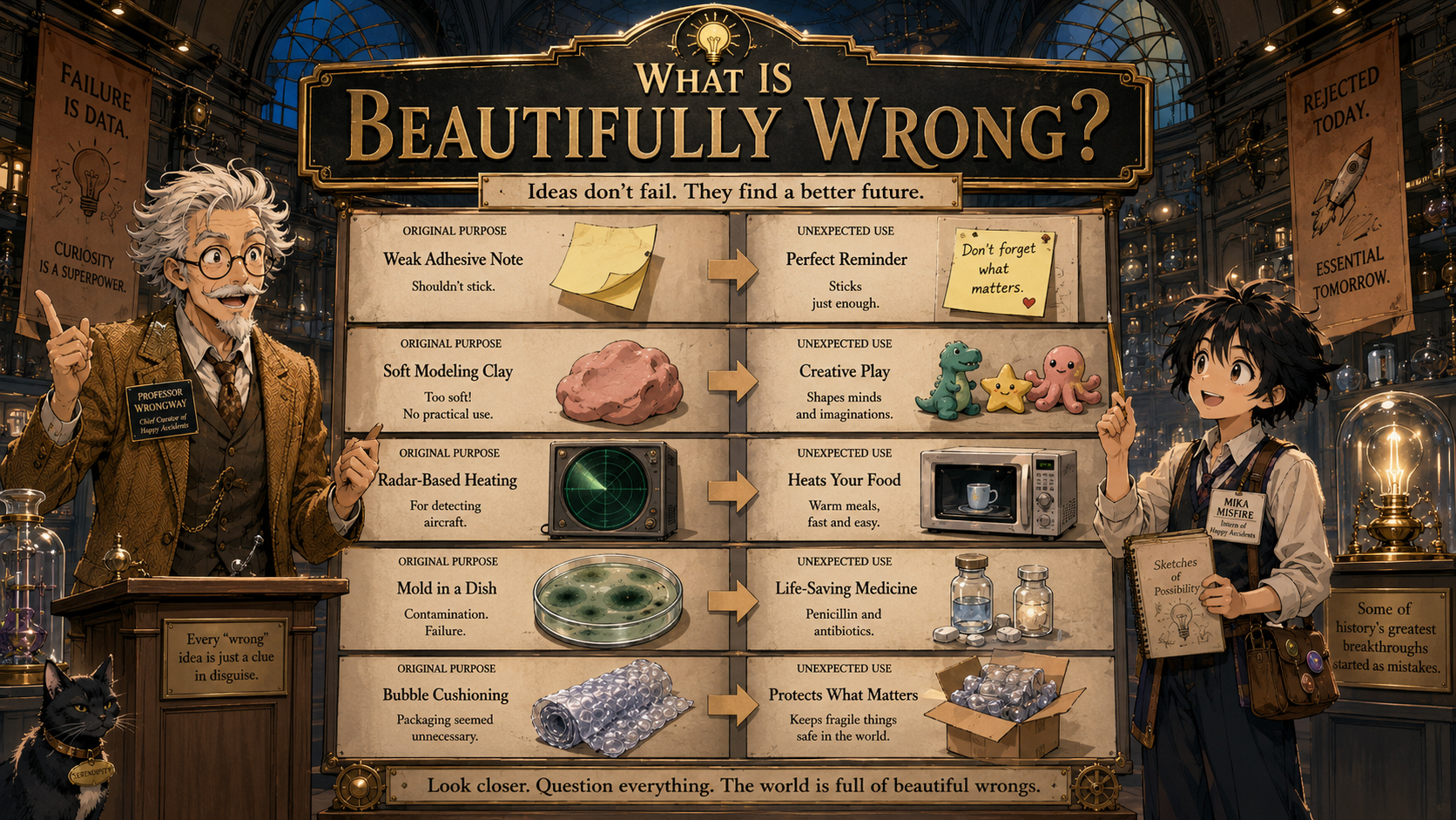Professor Wrongway and Mika Misfire explaining the meaning of Beautifully Wrong with invention museum panels.
